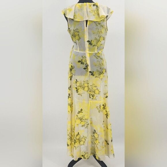 Calvin Klein Sheer Maxi Dress Size 6 Yellow Floral Chiffon High Low Faux Wrap - Picture 3 of 10